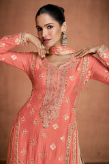 Orange Chinon Straight Cut Suit with Embroidery and Sequin Work