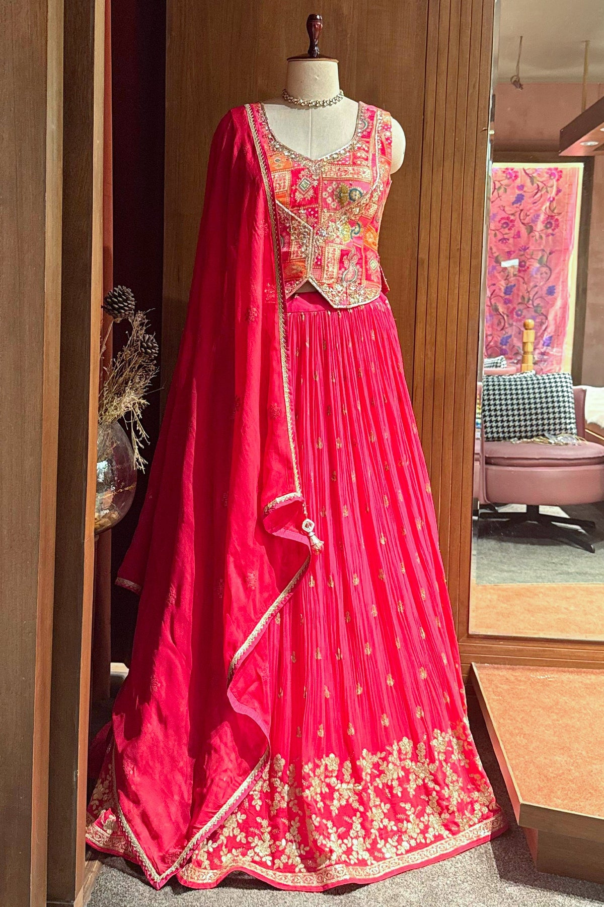 Pink Embellished Sequin Cutdana Worked Peplum Top with Lehenga
