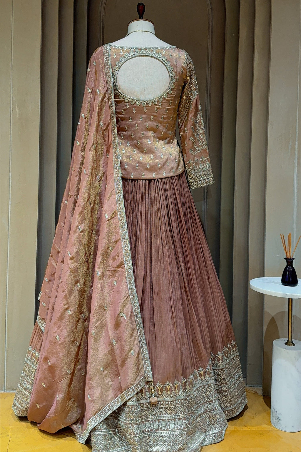 Brown Embellished Sequin Cutdana Worked Peplum Top with Lehenga - plum saree