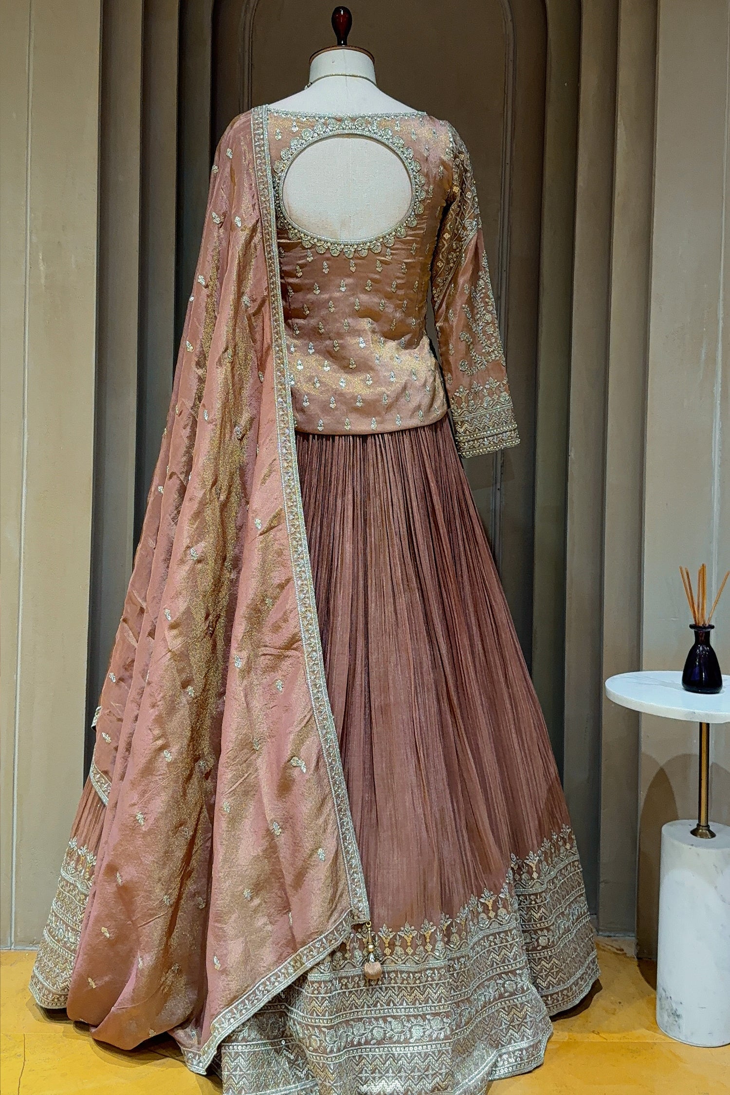 Brown Embellished Sequin Cutdana Worked Peplum Top with Lehenga - plum saree