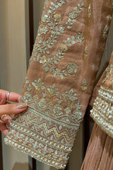 Brown Embellished Sequin Cutdana Worked Peplum Top with Lehenga