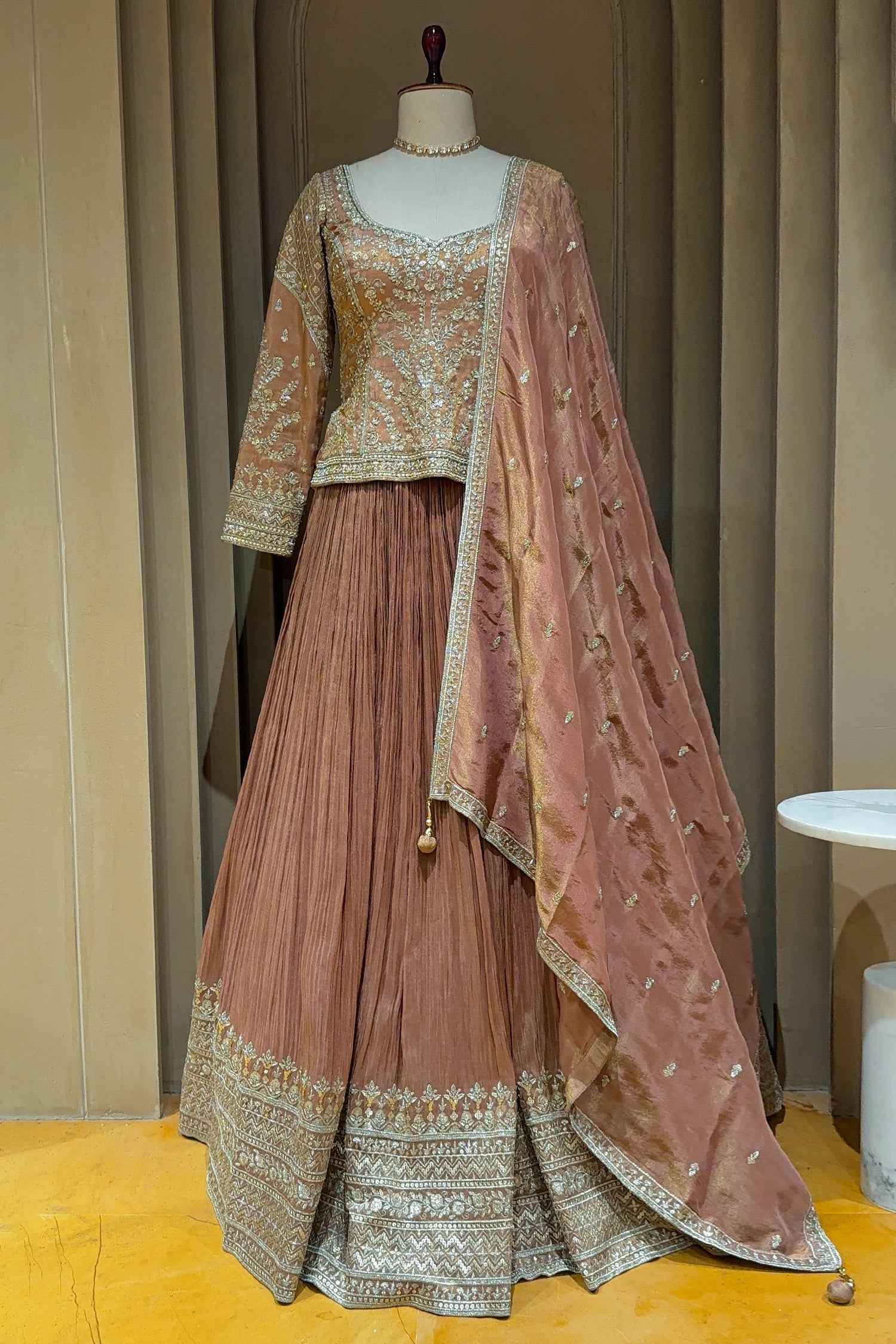 Brown Embellished Sequin Cutdana Worked Peplum Top with Lehenga - plum saree