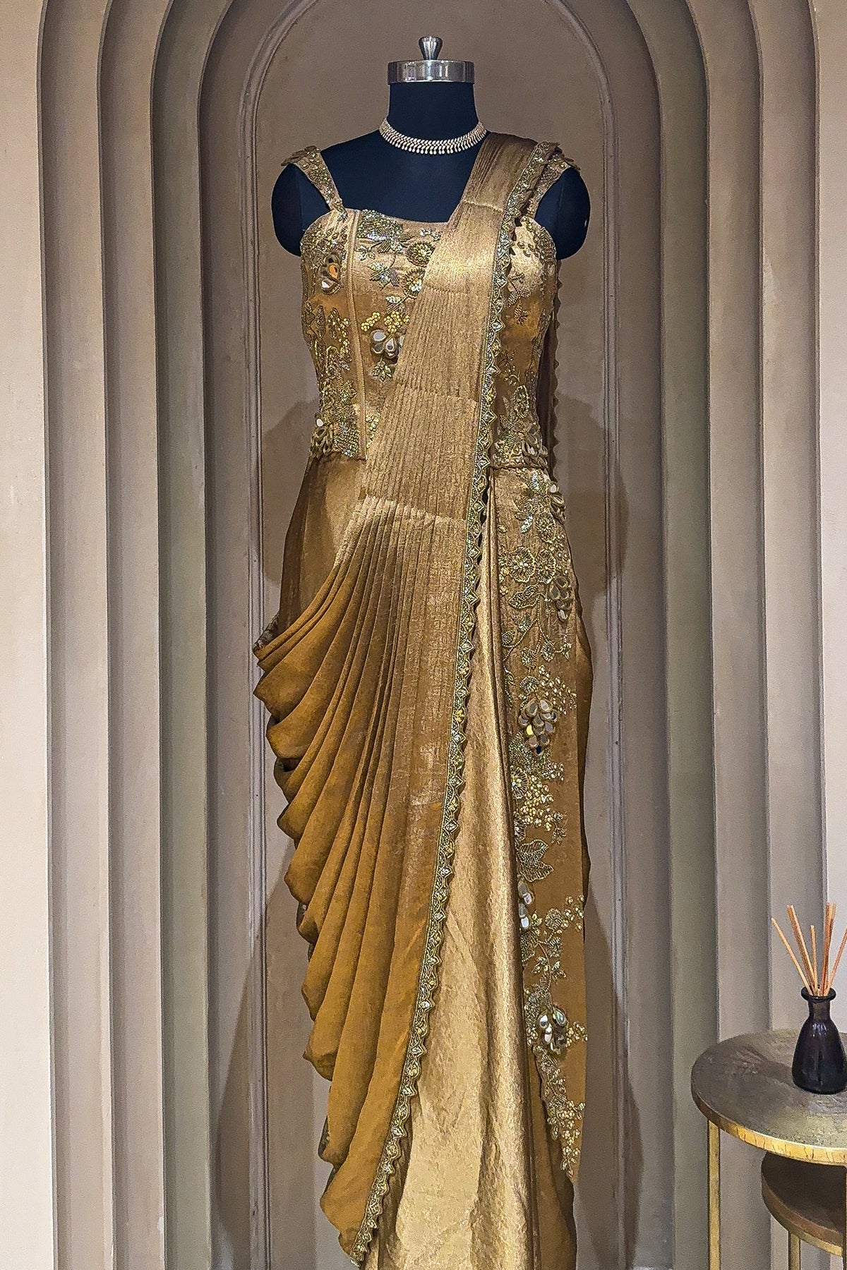 Golden Satin Embroidered Draped Saree Dress - red satin saree embroidered