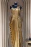 Golden Satin Embroidered Draped Saree Dress - red satin saree embroidered