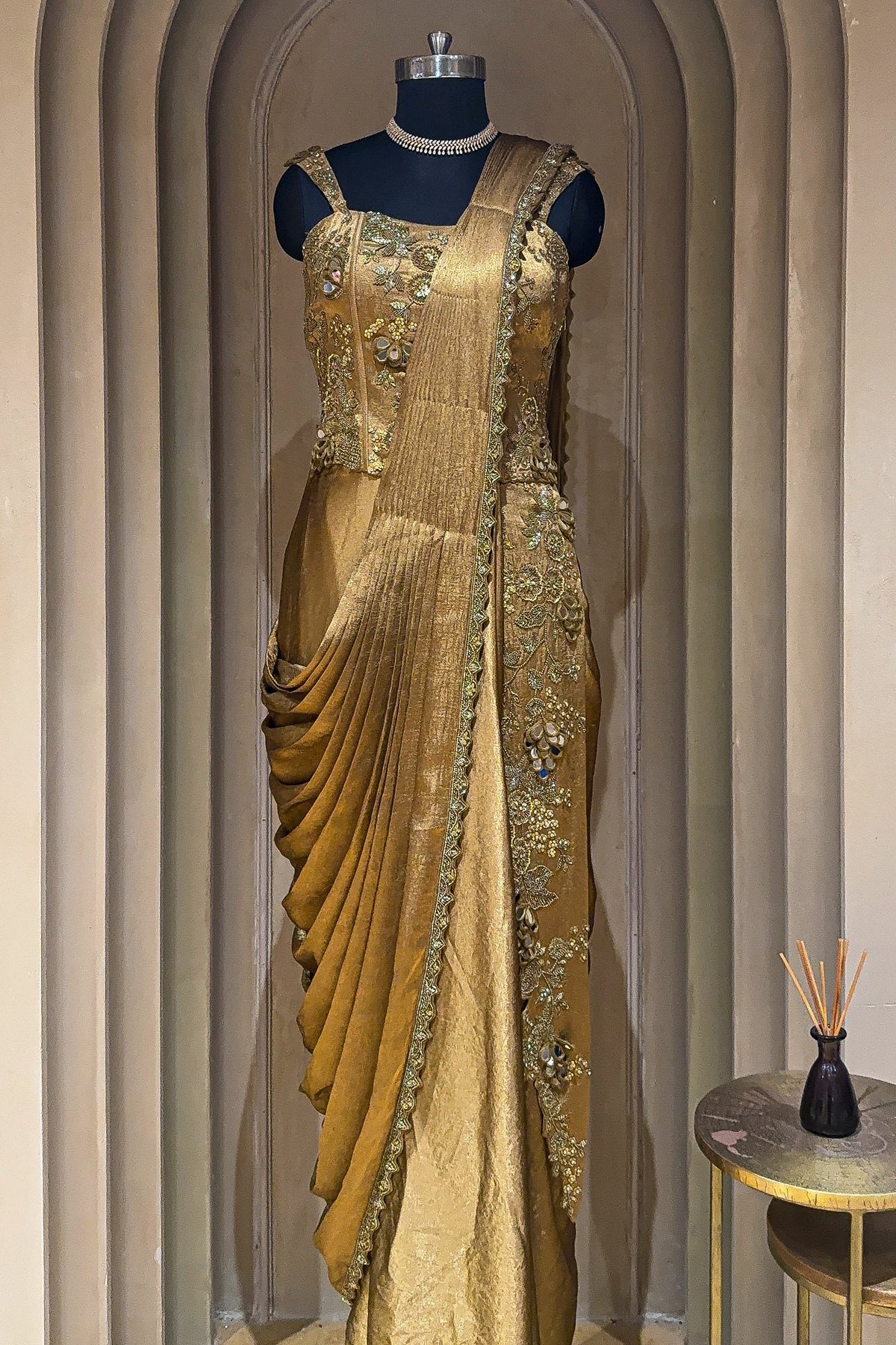 Golden Satin Embroidered Draped Saree Dress - red satin saree embroidered