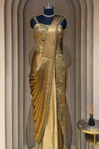 Golden Satin Embroidered Draped Saree Dress - red satin saree embroidered
