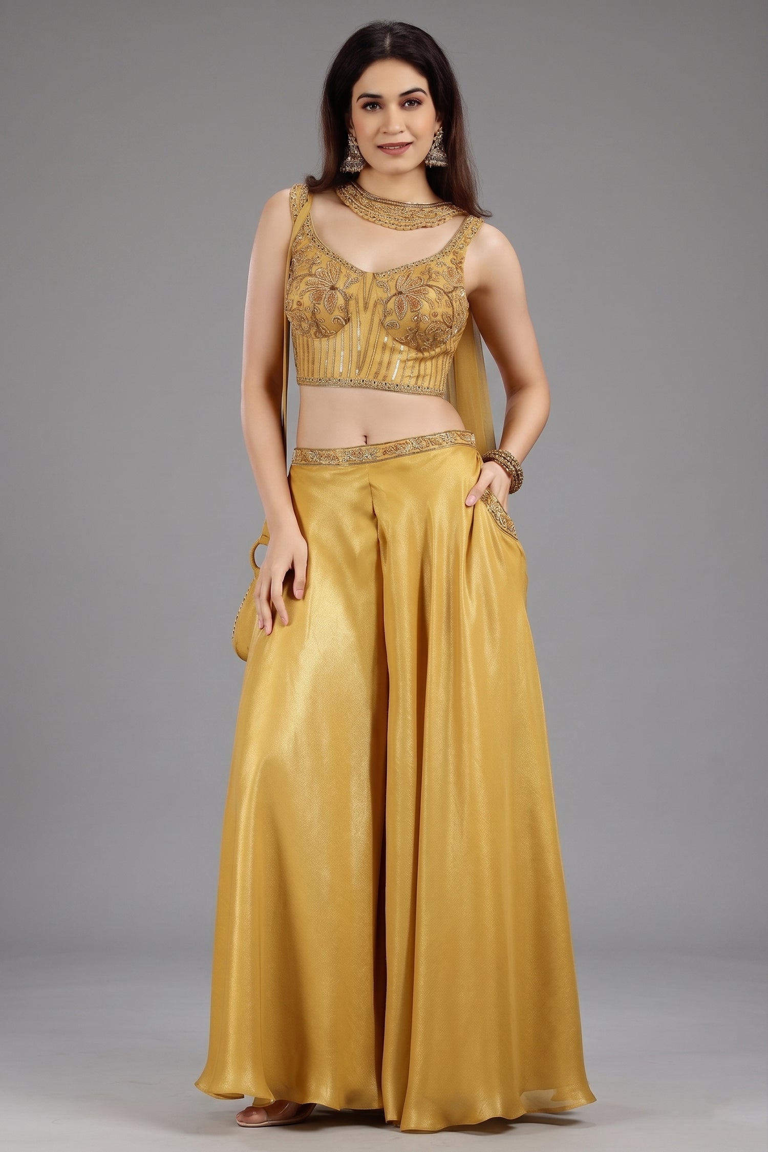 Yellow Crepe Silk Sequin Beaded Corset with Palazzo and Dupatta - yellow silk saree