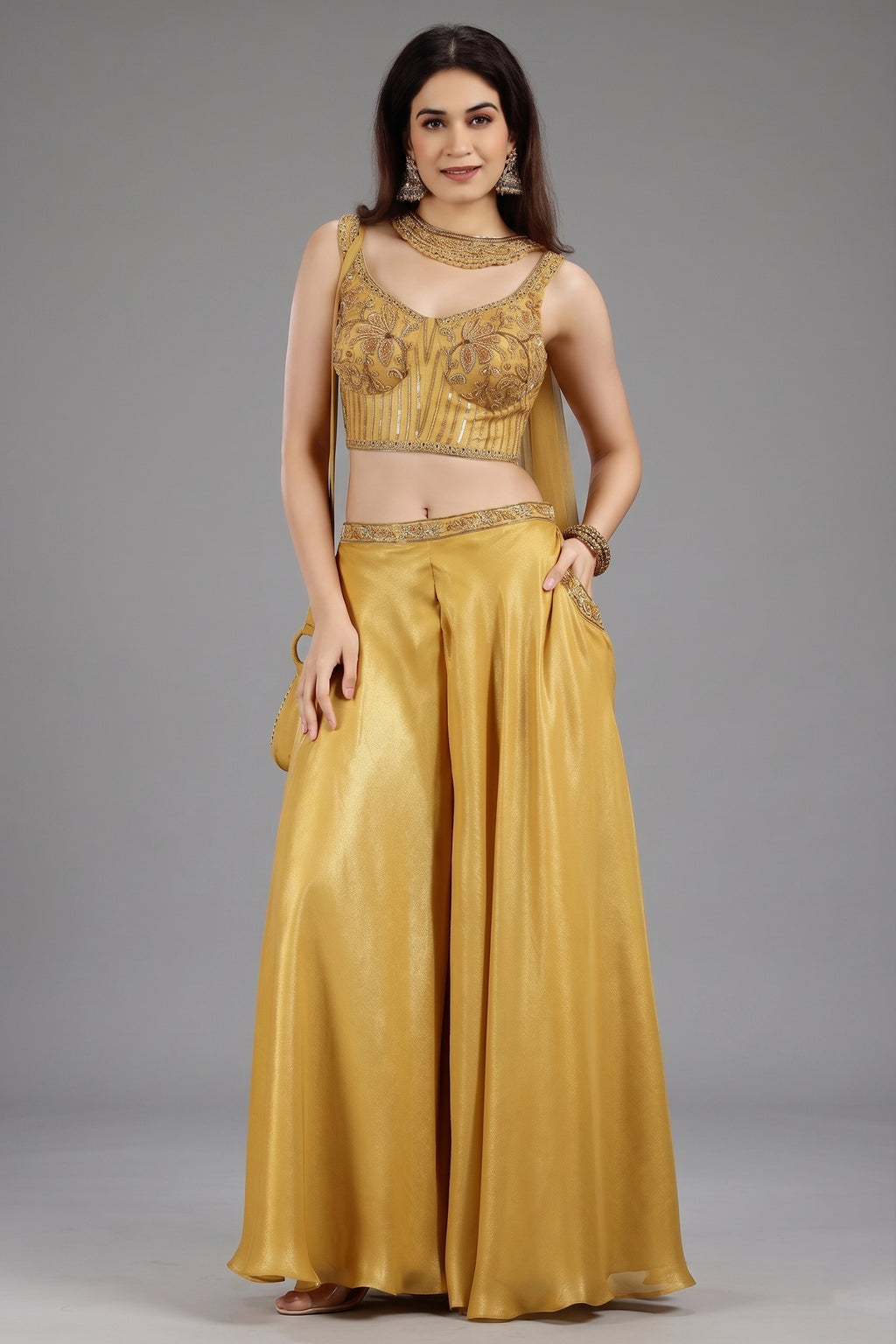 Yellow Crepe Silk Sequin Beaded Corset with Palazzo and Dupatta - yellow silk saree