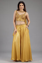 Yellow Crepe Silk Sequin Beaded Corset with Palazzo and Dupatta - yellow silk saree