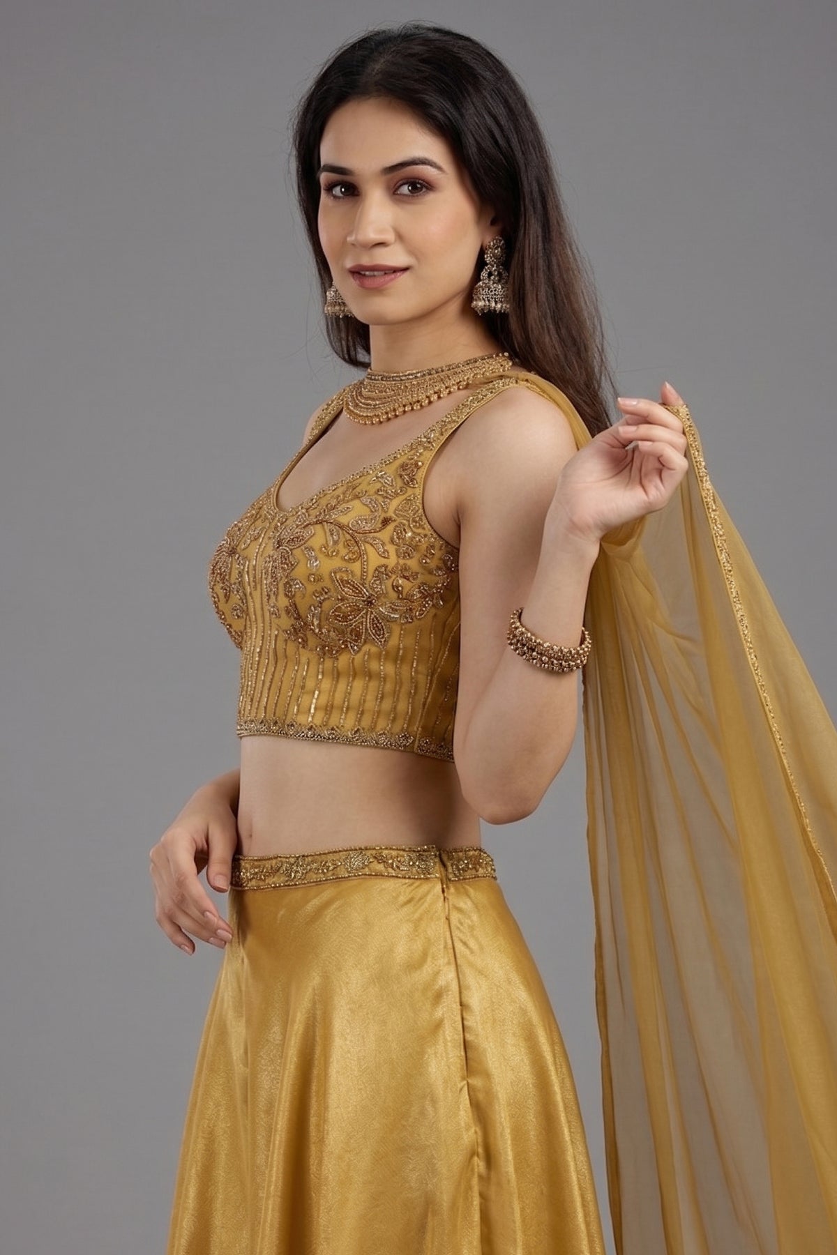 Yellow Crepe Silk Sequin Beaded Corset with Palazzo and Dupatta - yellow silk saree