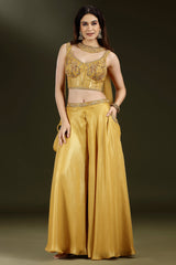 Yellow Crepe Silk Sequin Beaded Corset with Palazzo and Dupatta