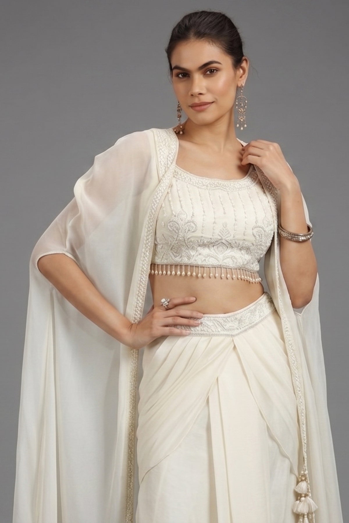 Pearl White Georgette Embellished Crop Top with Draped Skirt with Jacket - white georgette saree
