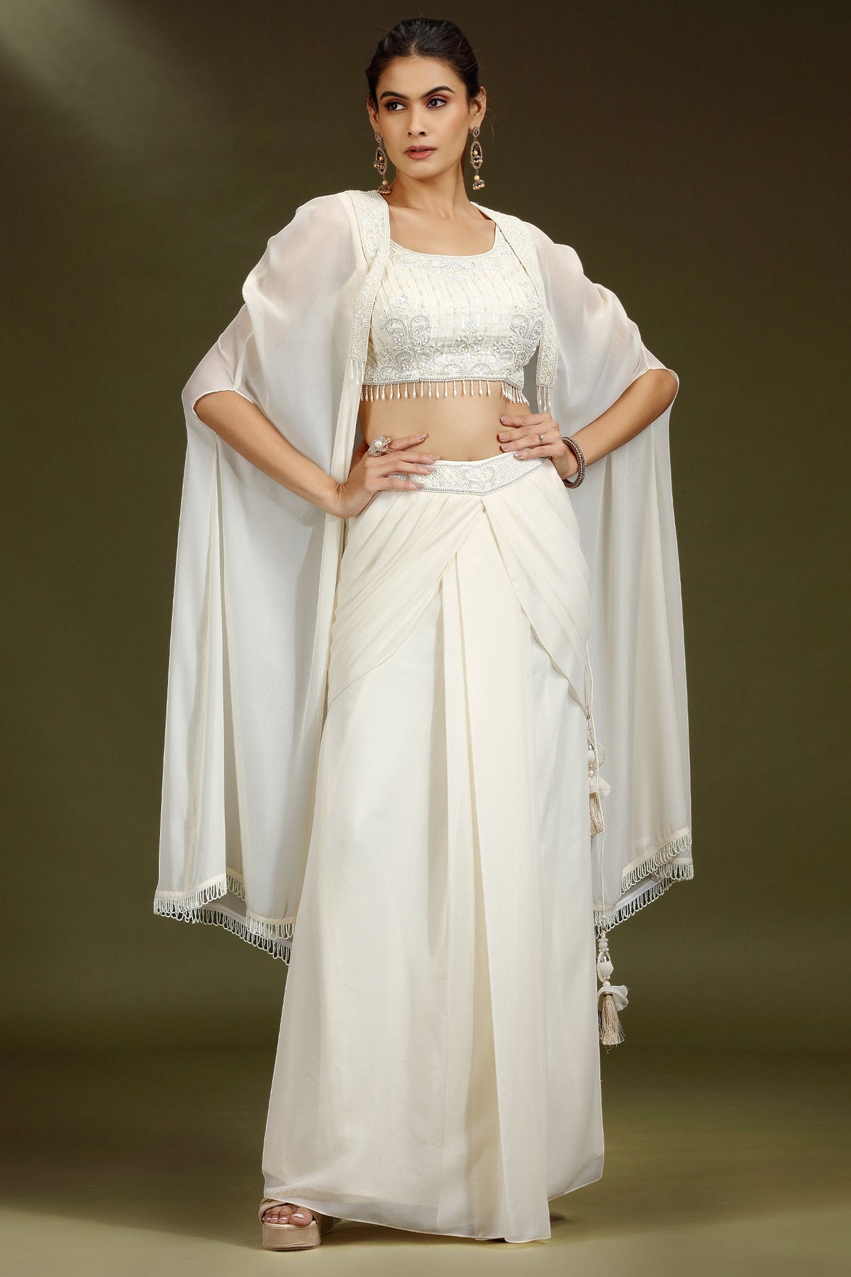 Pearl White Georgette Embellished Crop Top with Draped Skirt with Jacket