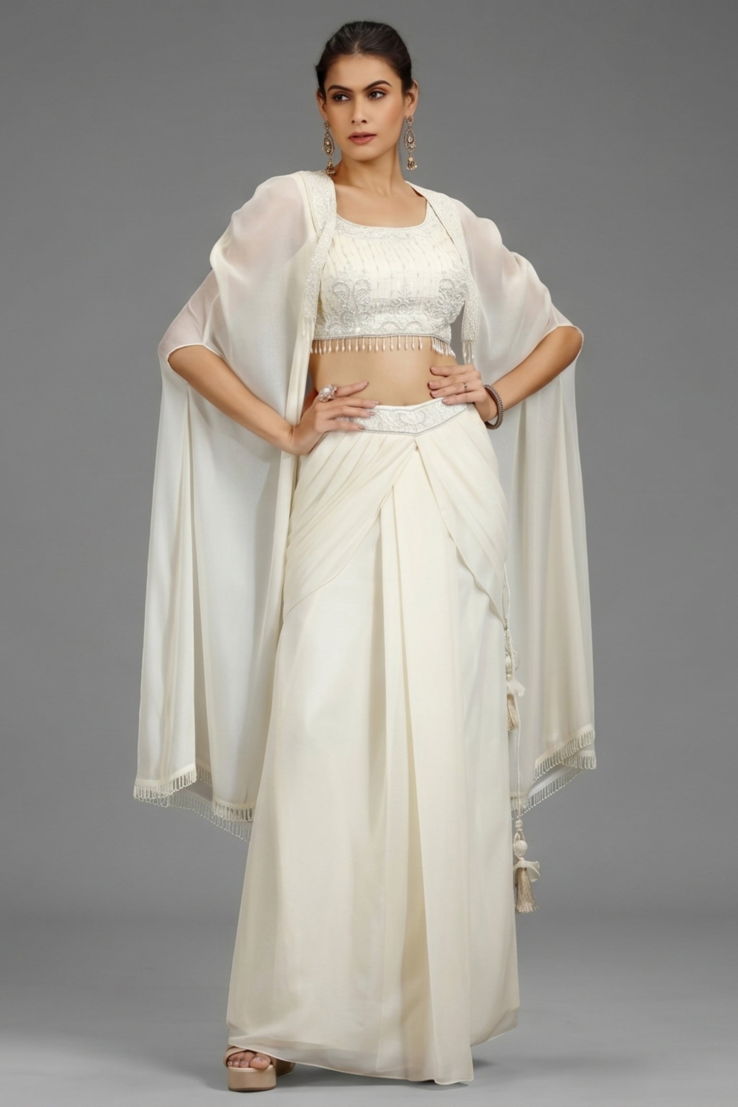 Pearl White Georgette Embellished Crop Top with Draped Skirt with Jacket - white georgette saree
