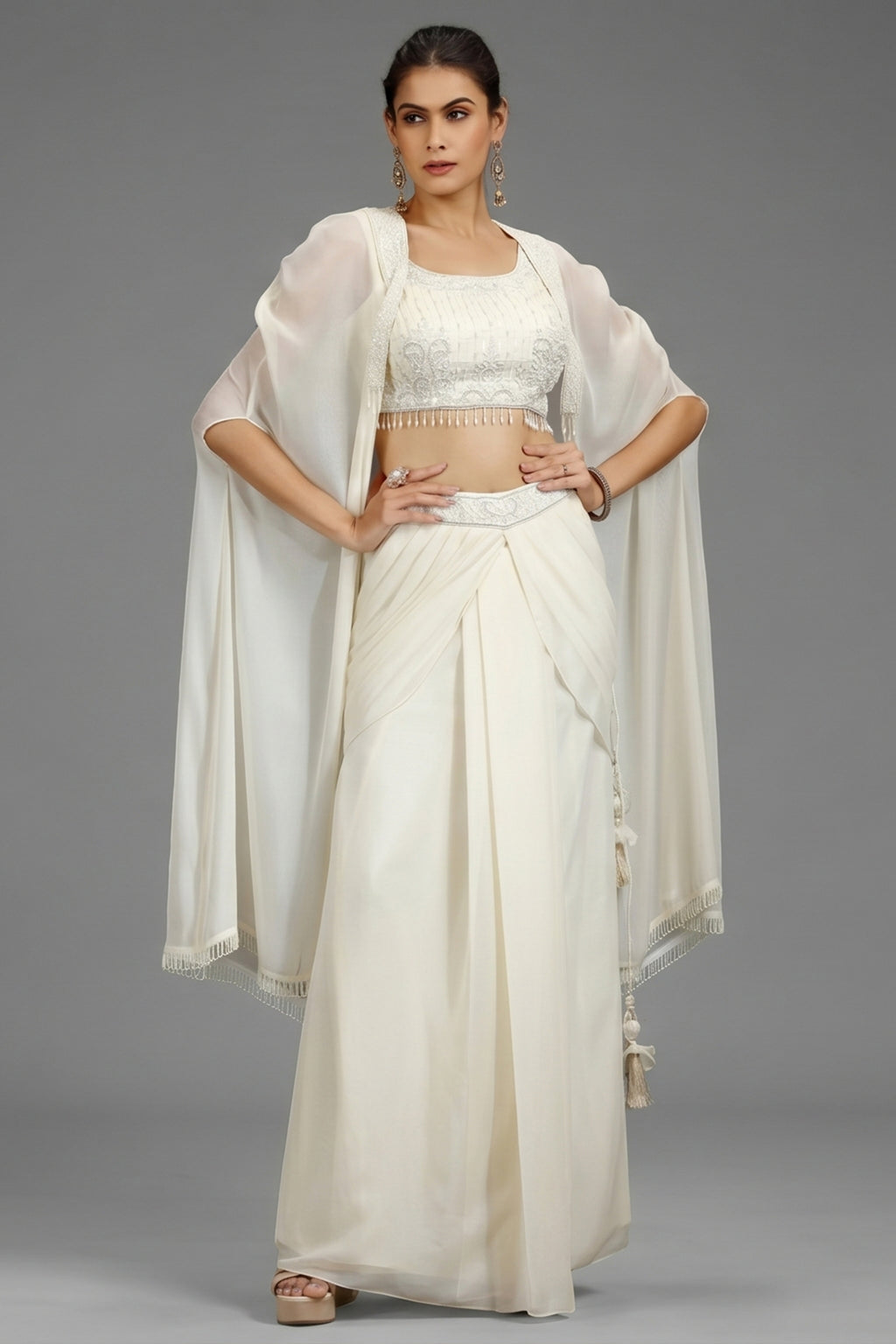 Pearl White Georgette Embellished Crop Top with Draped Skirt with Jacket - white georgette saree