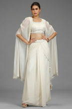 Pearl White Georgette Embellished Crop Top with Draped Skirt with Jacket - white georgette saree