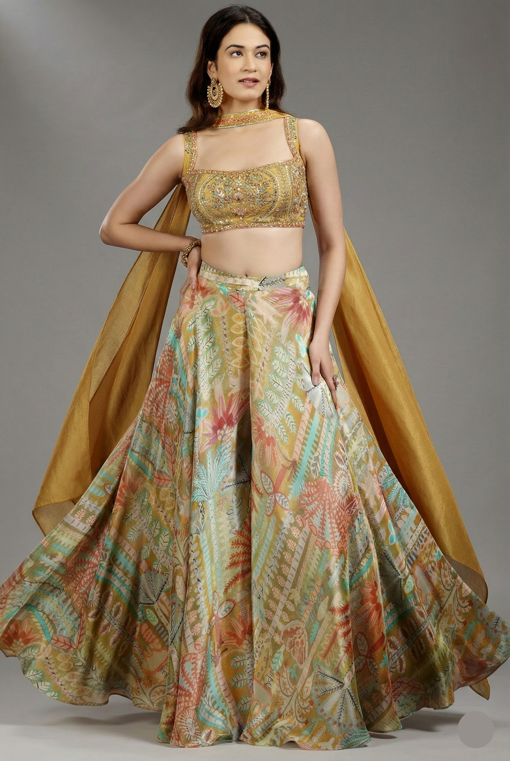Yellow Crepe Silk Mirror Beaded Crop Top Palazzo Set - yellow silk saree