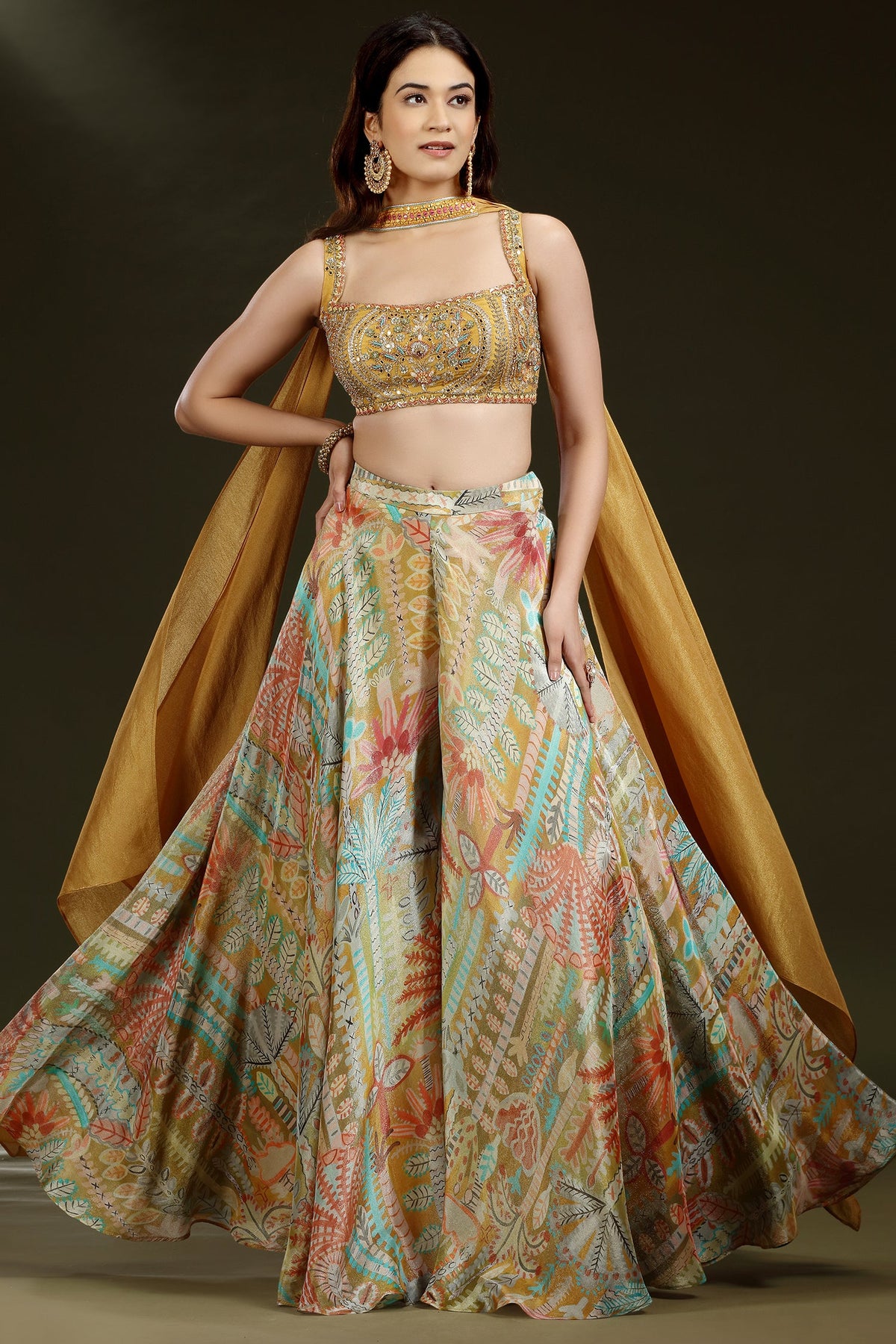 Yellow Crepe Silk Mirror Beaded Crop Top Palazzo Set