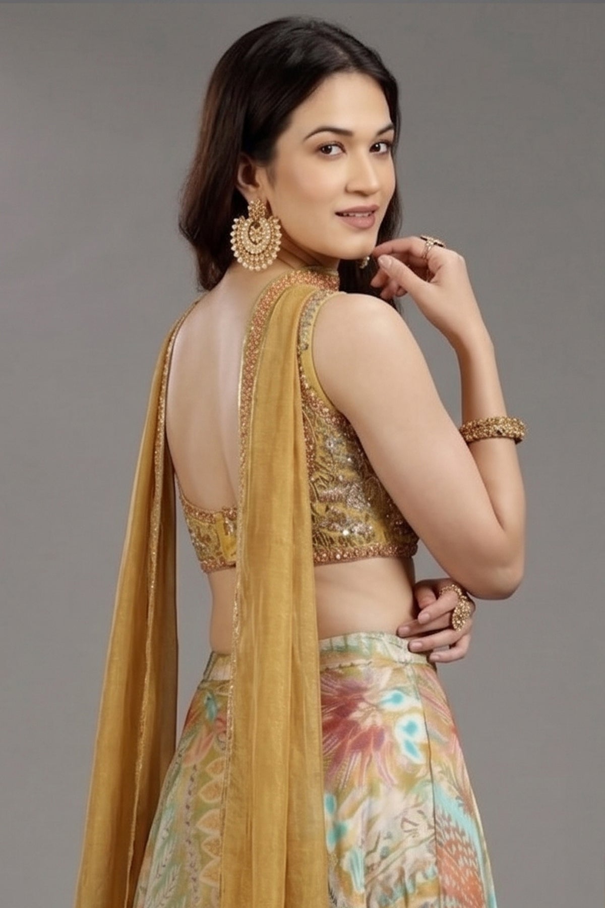 Yellow Crepe Silk Mirror Beaded Crop Top Palazzo Set - yellow silk saree