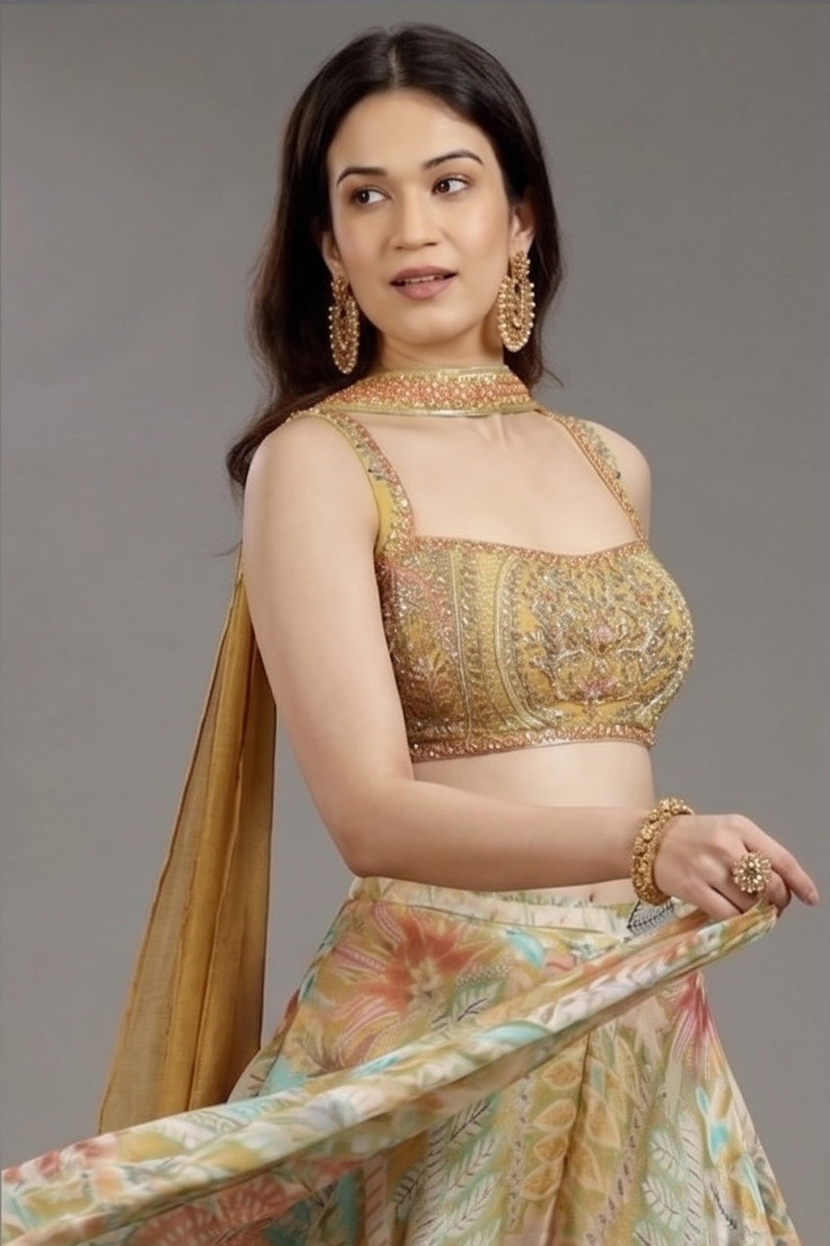 Yellow Crepe Silk Mirror Beaded Crop Top Palazzo Set - yellow silk saree