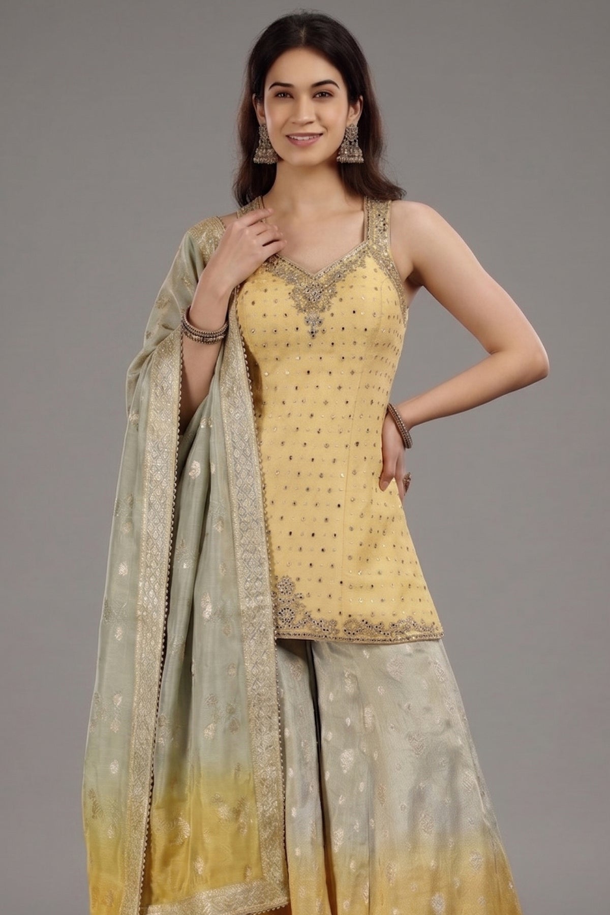 Yellow Jacquard Silk Palazzo Set with Beads and Mirror Work - yellow silk saree