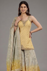 Yellow Jacquard Silk Palazzo Set with Beads and Mirror Work - yellow silk saree