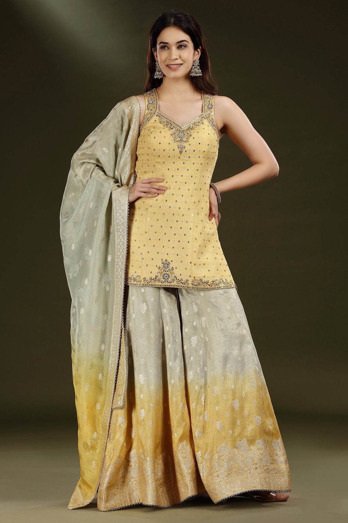 Yellow Jacquard Silk Palazzo Set with Beads and Mirror Work - yellow silk saree