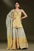 Yellow Jacquard Silk Palazzo Set with Beads and Mirror Work - yellow silk saree