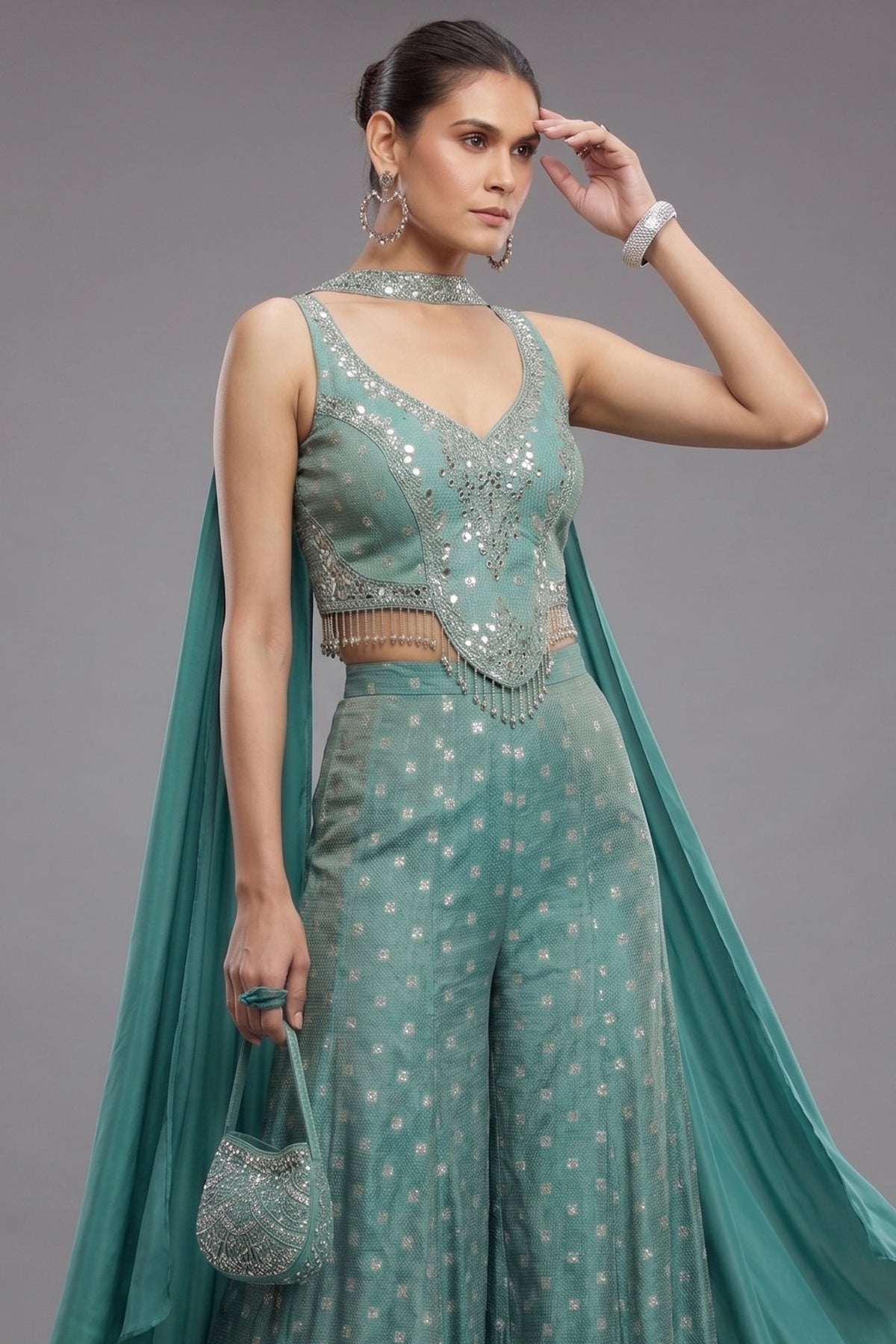Sea Green Silk Embellished Crop Top Palazzo Set - green silk saree