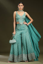 Sea Green Silk Embellished Crop Top Palazzo Set - green silk saree