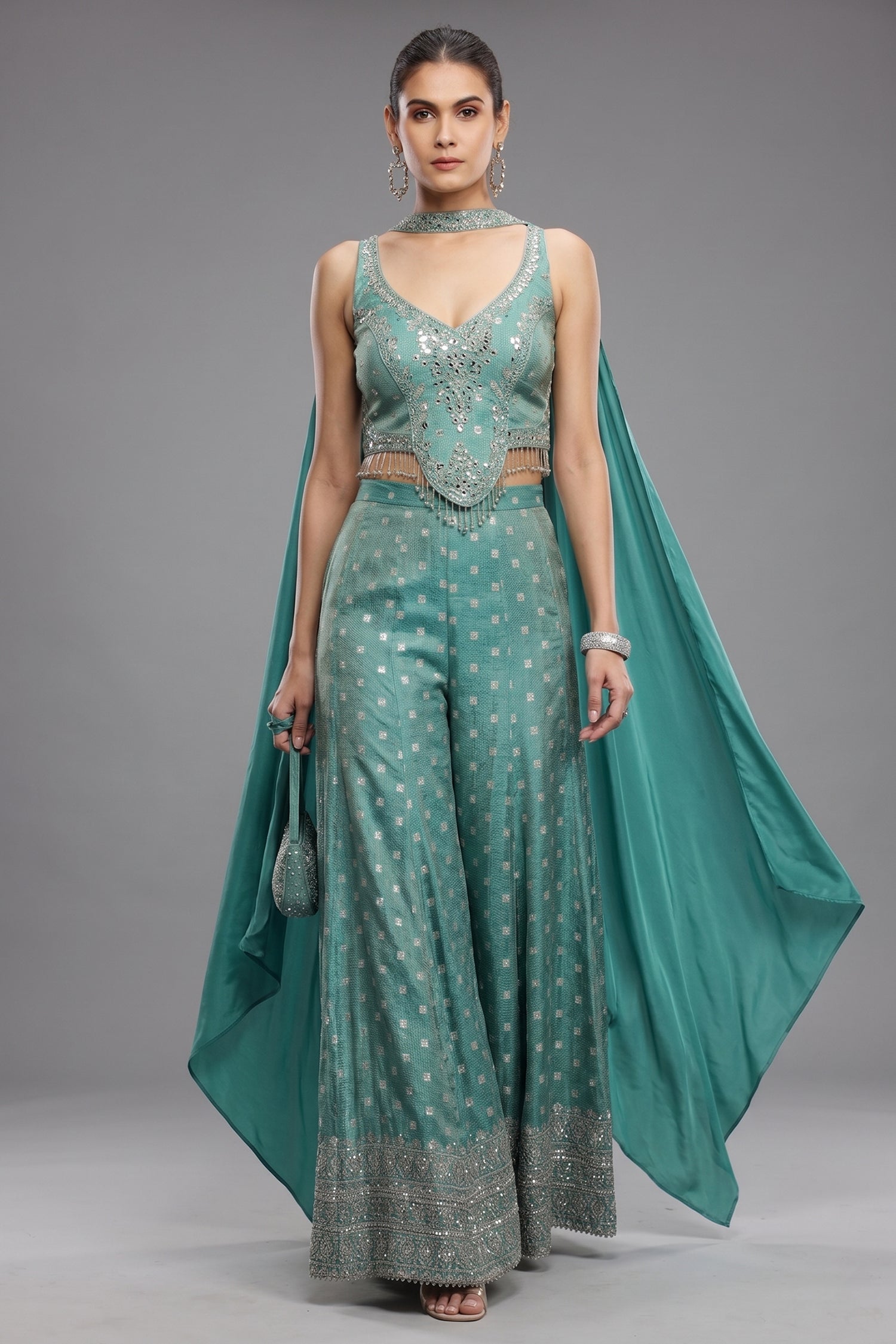 Sea Green Silk Embellished Crop Top Palazzo Set - green silk saree Main image