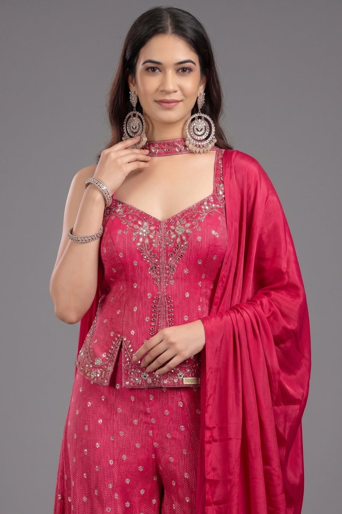 Pink Silk Sequin Mirror Worked Palazzo Set - pink silk saree