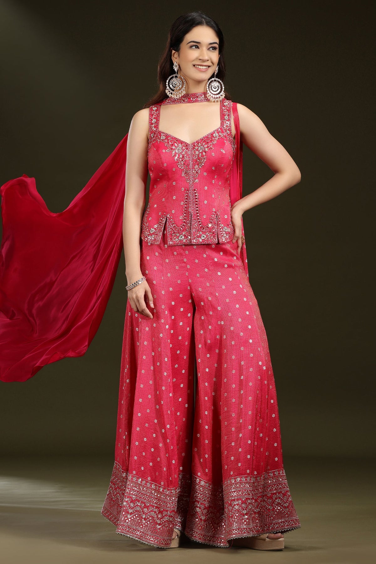 Pink Silk Sequin Mirror Worked Palazzo Set - pink silk saree