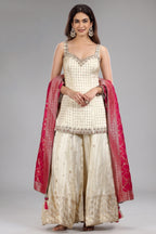 Off White Silk Mirror Worked Palazzo Set - white silk saree