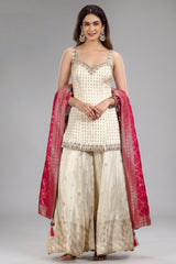 Off White Silk Mirror Worked Palazzo Set - white silk saree