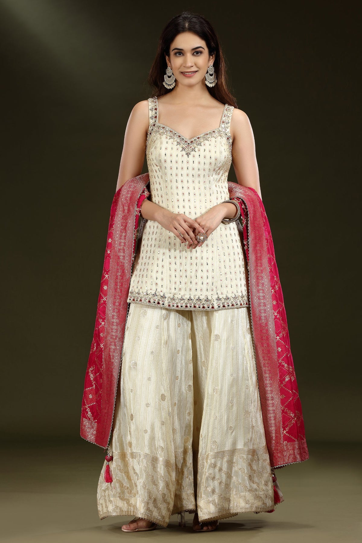 Off White Silk Mirror Worked Palazzo Set - white silk saree