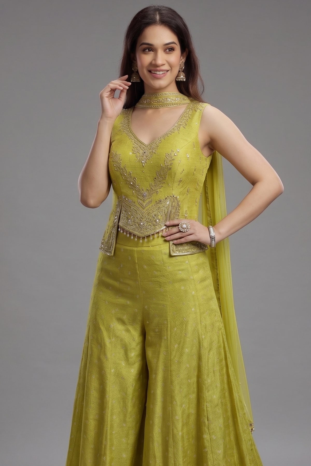 Parrot Green Silk Sequin Mirror Worked Palazzo Set - green silk saree