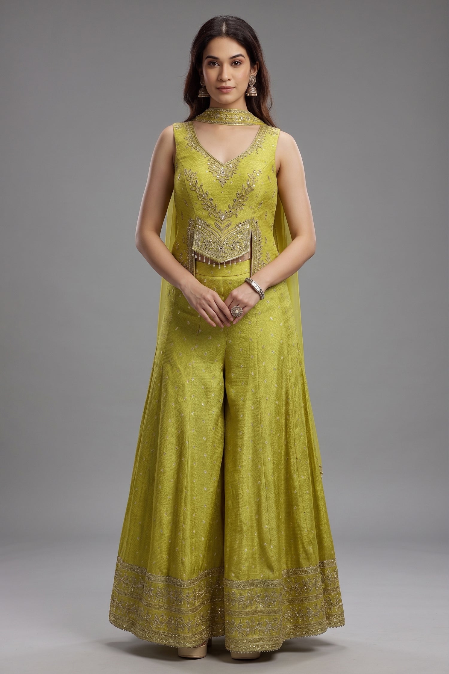 Parrot Green Silk Sequin Mirror Worked Palazzo Set - green silk saree