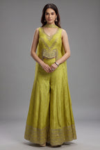 Parrot Green Silk Sequin Mirror Worked Palazzo Set - green silk saree