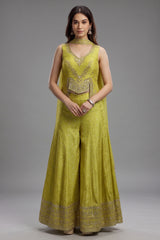 Parrot Green Silk Sequin Mirror Worked Palazzo Set - green silk saree