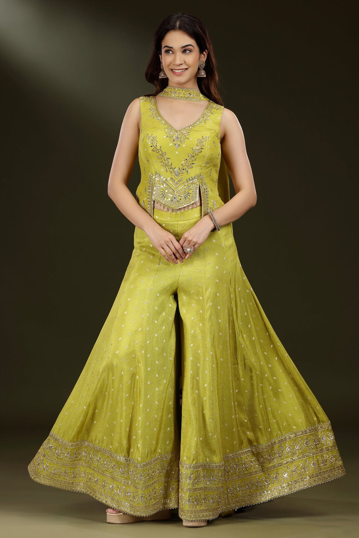 Parrot Green Silk Sequin Mirror Worked Palazzo Set - green silk saree