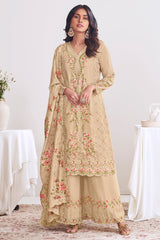 Beige Chinon Embroidered Palazzo Suit
