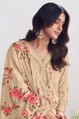 Beige Chinon Embroidered Palazzo Suit