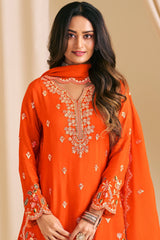 Orange Chinon Embroidered Palazzo Suit