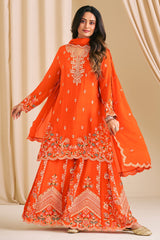 Orange Chinon Embroidered Palazzo Suit