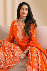 Orange Chinon Embroidered Palazzo Suit