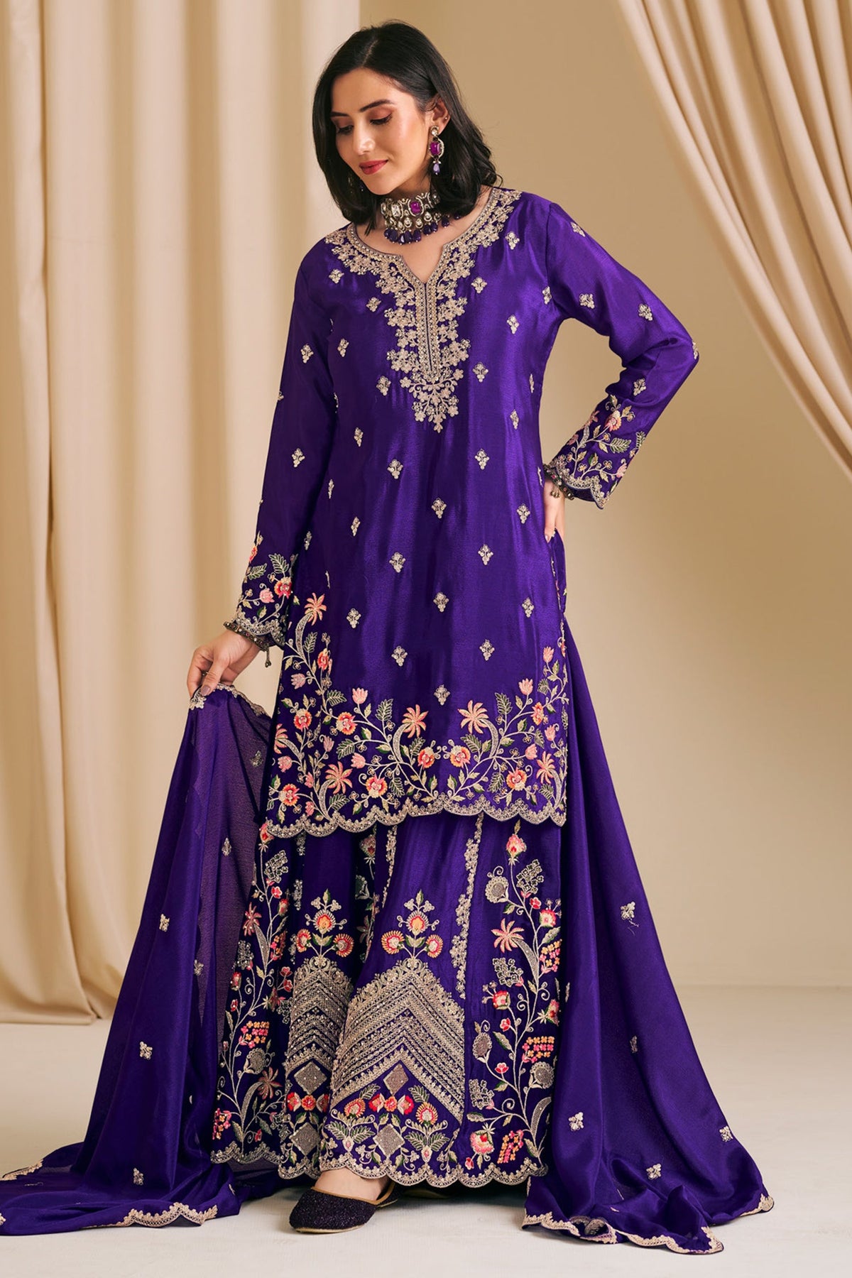 Purple Chinon Embroidered Palazzo Suit