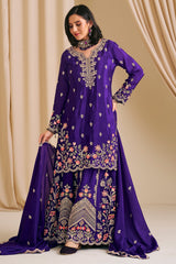 Purple Chinon Embroidered Palazzo Suit