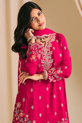 Dark Pink Chinon Embroidered Palazzo Suit