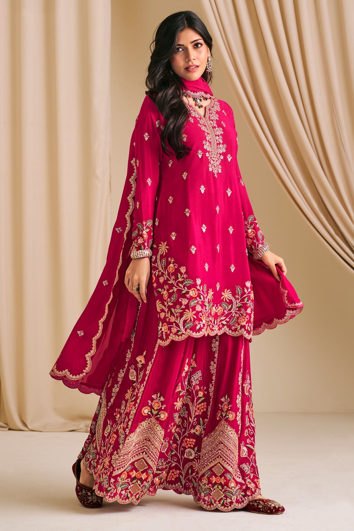 Dark Pink Chinon Embroidered Palazzo Suit